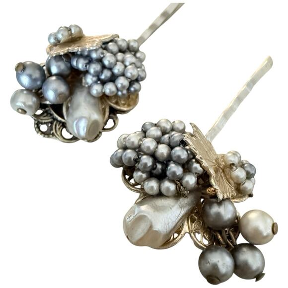 Handmade Accessories - Bridal Hair Pins Grey Silver Beaded Mirium Haskel Vintage Inspired Wedding Glam